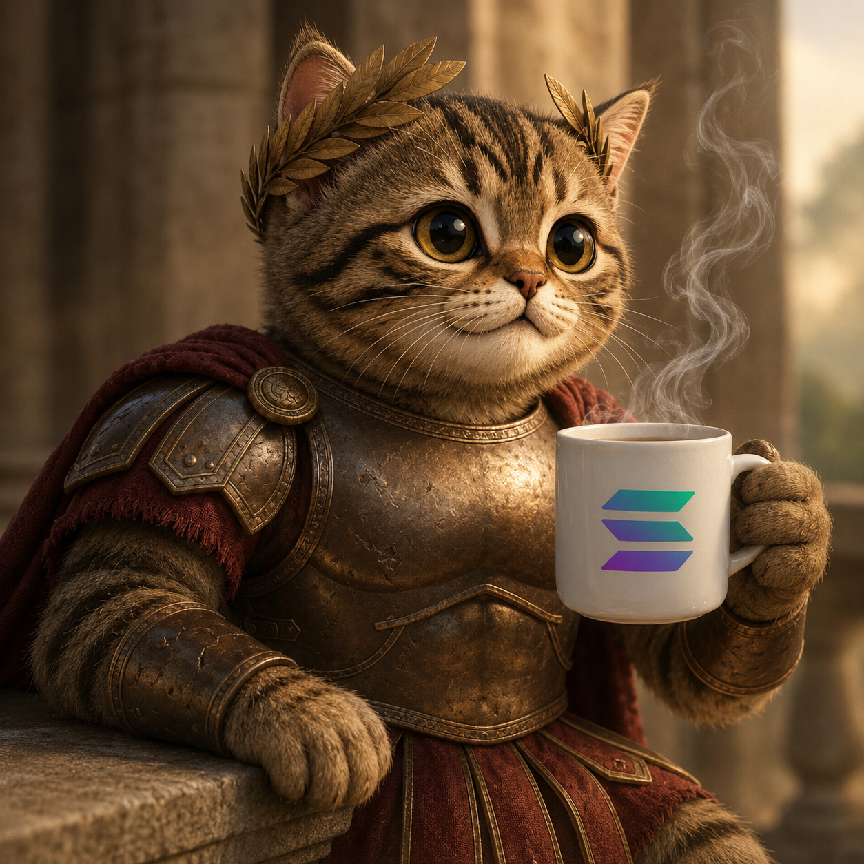 $CATIUS as a Roman emperor cat in bronze armor, sipping Solana coffee